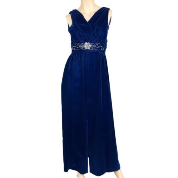 Vintage Formal Gown Blue Velvet Bead Rhinestones V Neck Empire Waist Size Small - Picture 1 of 10